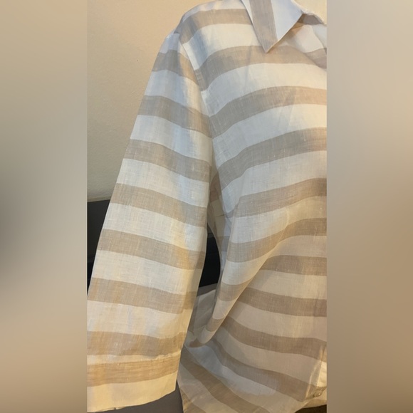 Chicos Linen NoIron Tan White Button Down Preppy Coastal Top Size 1.5 3/4 sleeve - Picture 3 of 5